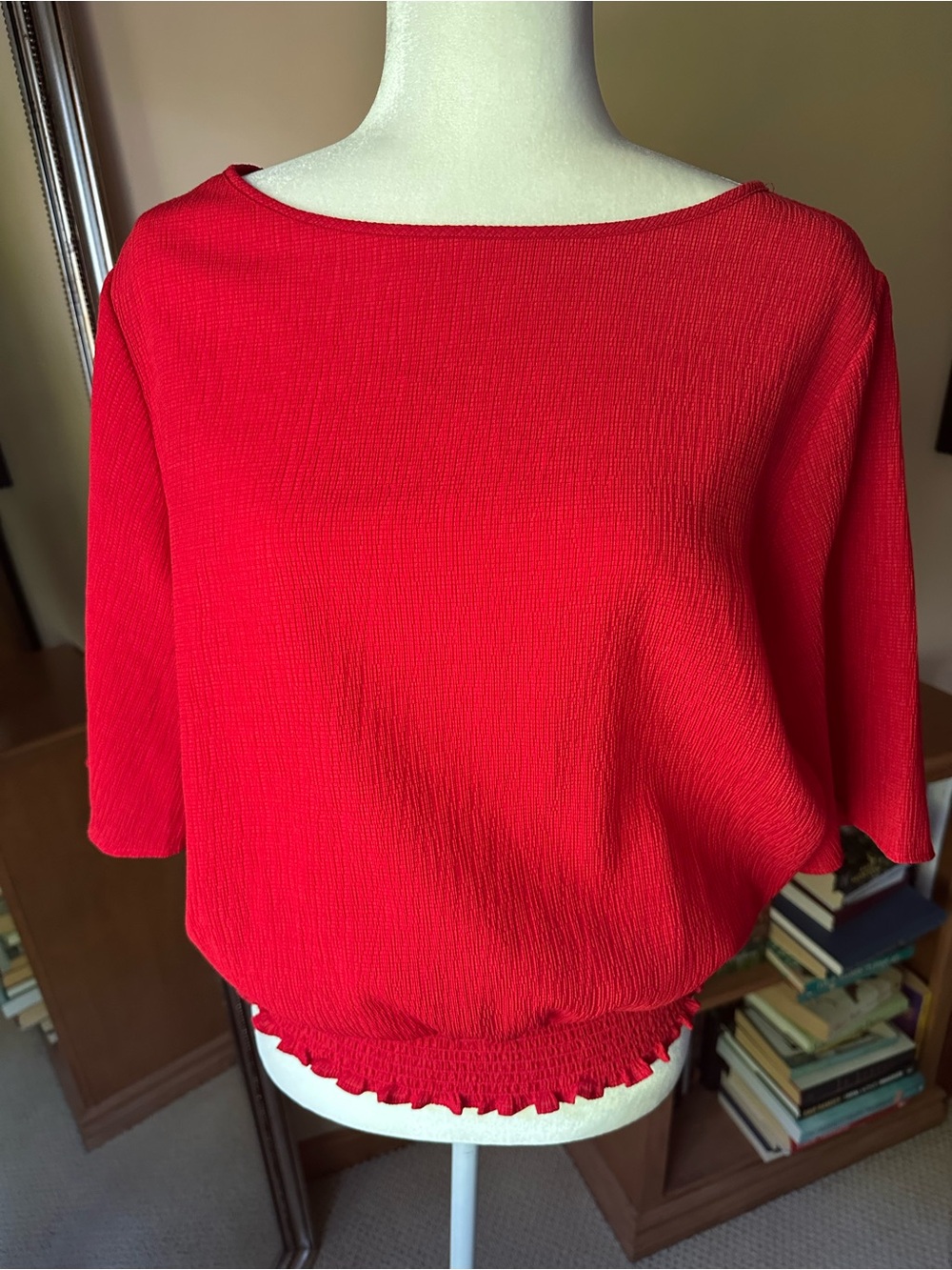 Michael Kors Red Smocked‎ Waist Blouse Size M Textured Short Sleeve Boat Neck⁠